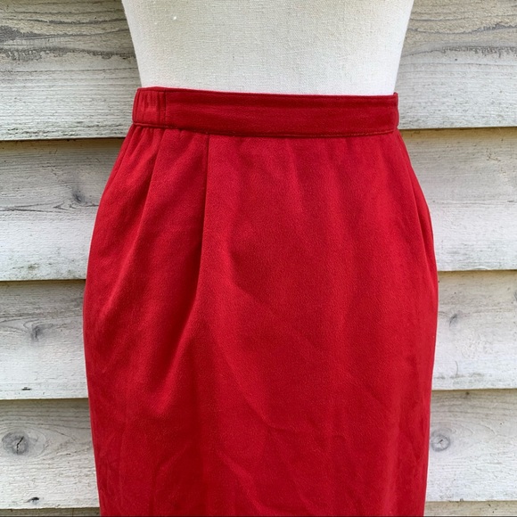 Vintage 80s Red Vegan Faux Suede Leather High Waisted Fitted Midi Pencil Skirt - Picture 6 of 16